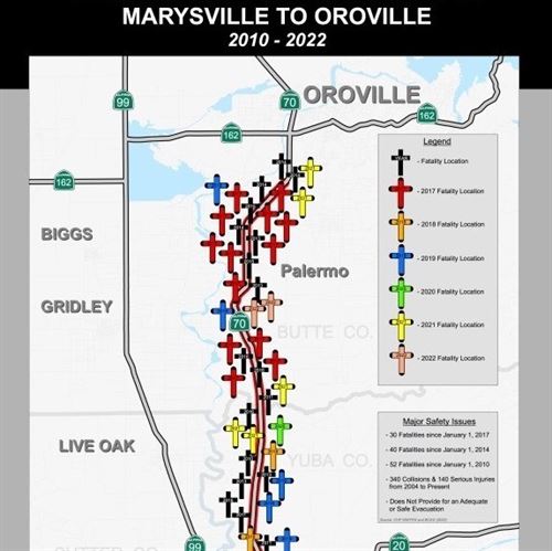 Map of fatality locations along Highway 70 from 2010 to March 2022