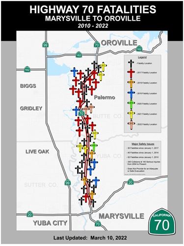 map of highway 70 fatality locations 2010 to march 2022